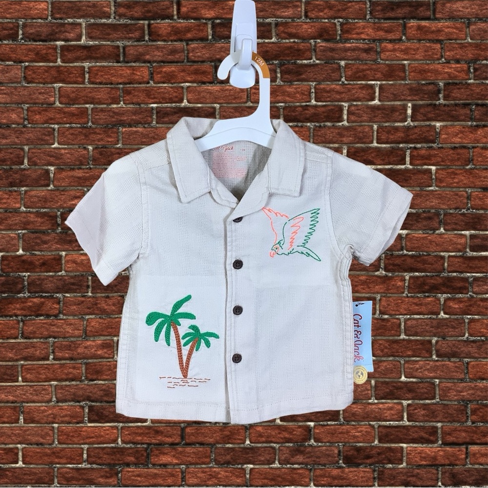 Cat & Jack Cream Tropical Parrot Embroidered Button Down Shirt 12 Months NWT